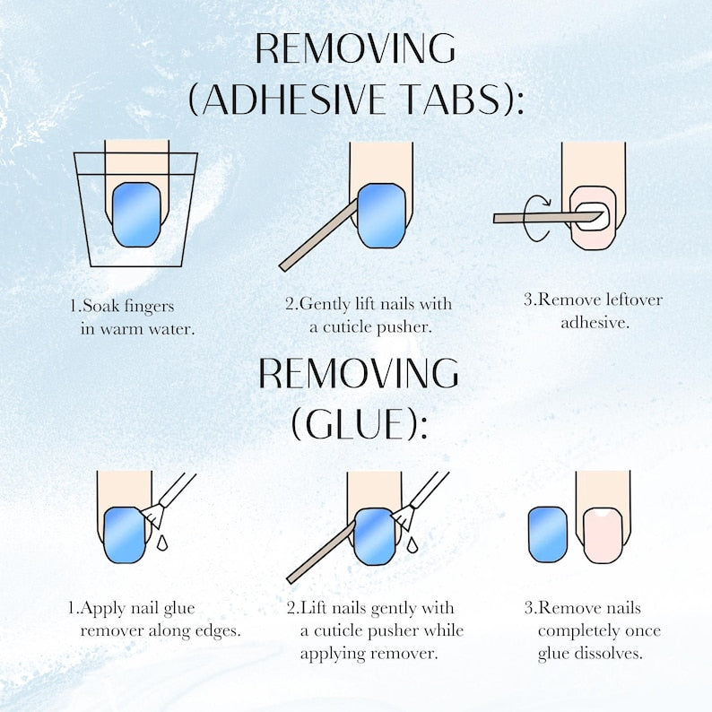 Step-by-step guide on removing adhesive tabs and glue from nails with illustrations and text.