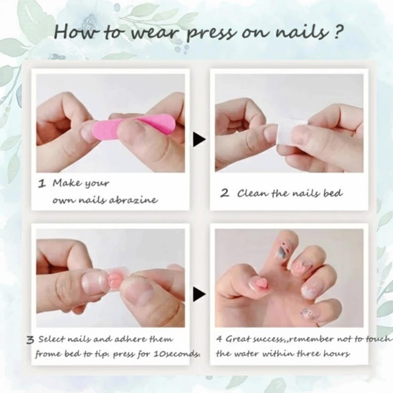 Step-by-step guide on how to wear press-on nails with visual instructions.