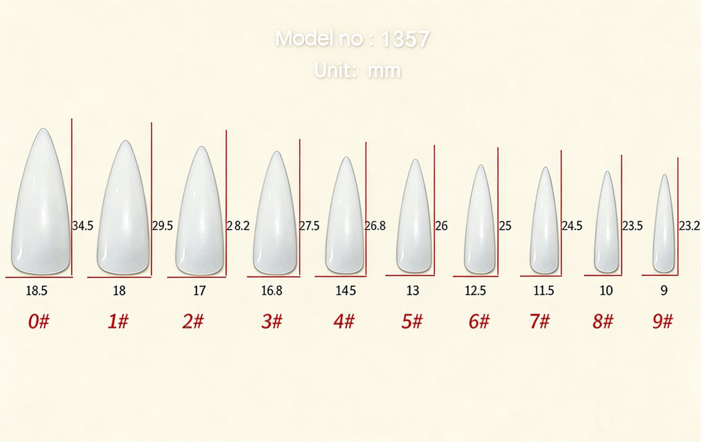 Nail tip size chart with measurements on a white background