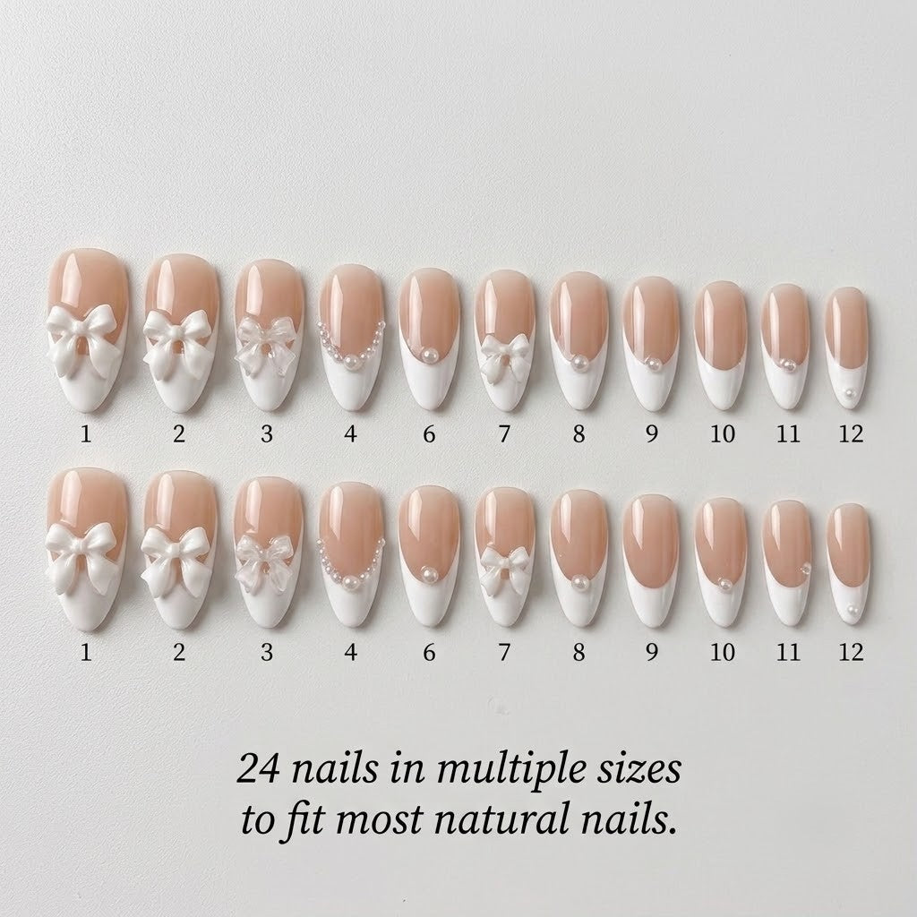 A premium 24-piece luxury press-on nail set featuring sharp stiletto tips with crisp white French manicures and 3D white bow charms, arranged neatly in concentric arches over a textured metallic and light wood background with text reading '24 nails in multiple sizes to fit most natural nails.