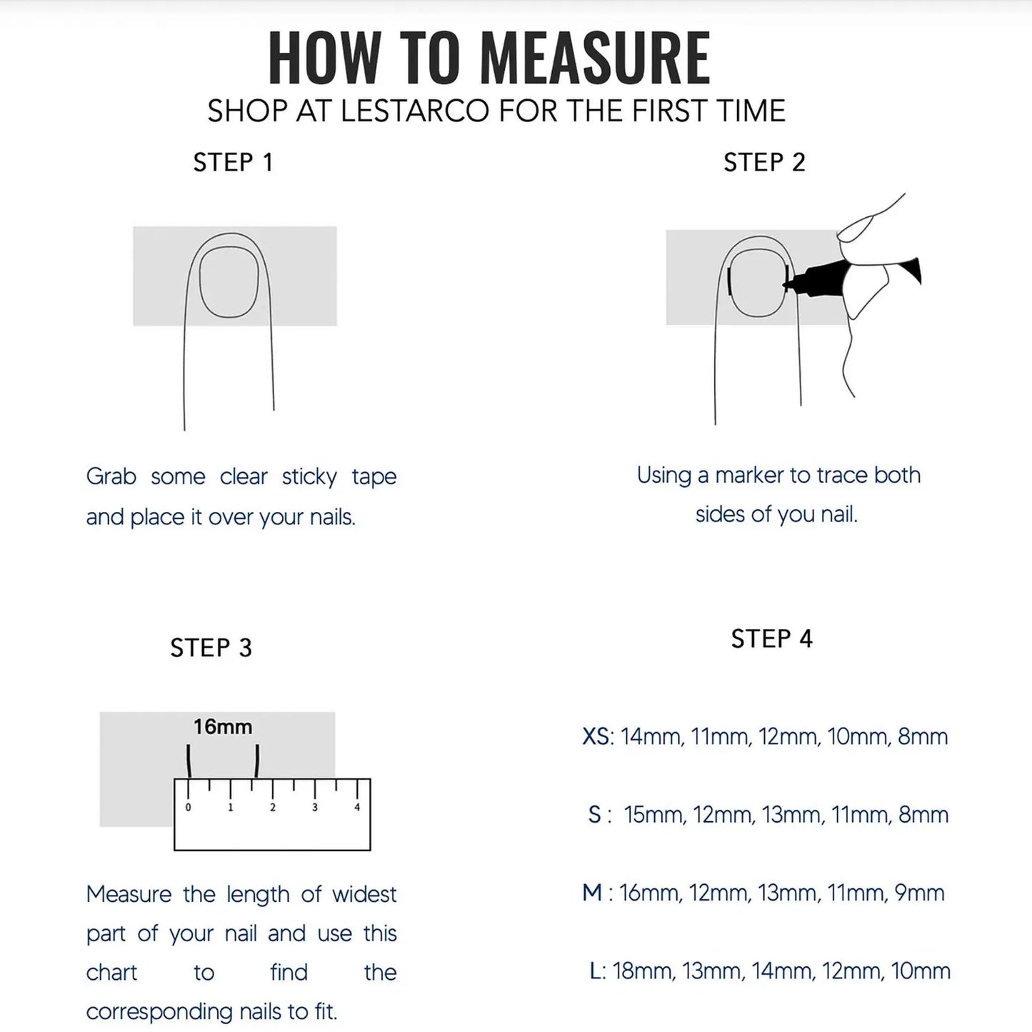 Instructions on how to measure nails using Lestarco's measurement chart.