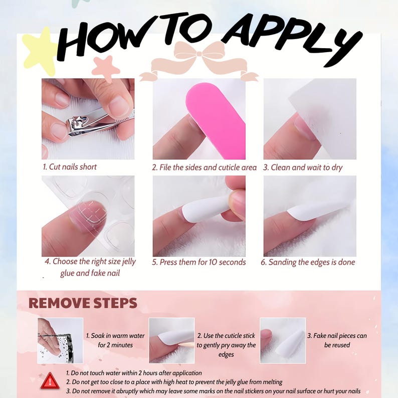 Step-by-step guide on how to apply false nails with illustrations and text.