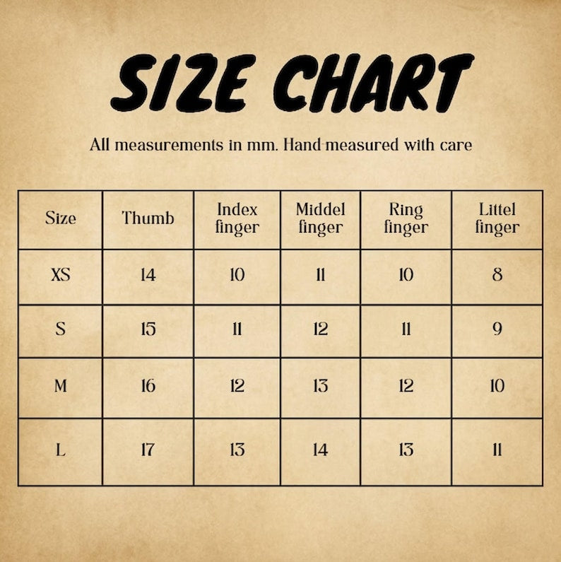 Size chart for finger measurements on a brown background