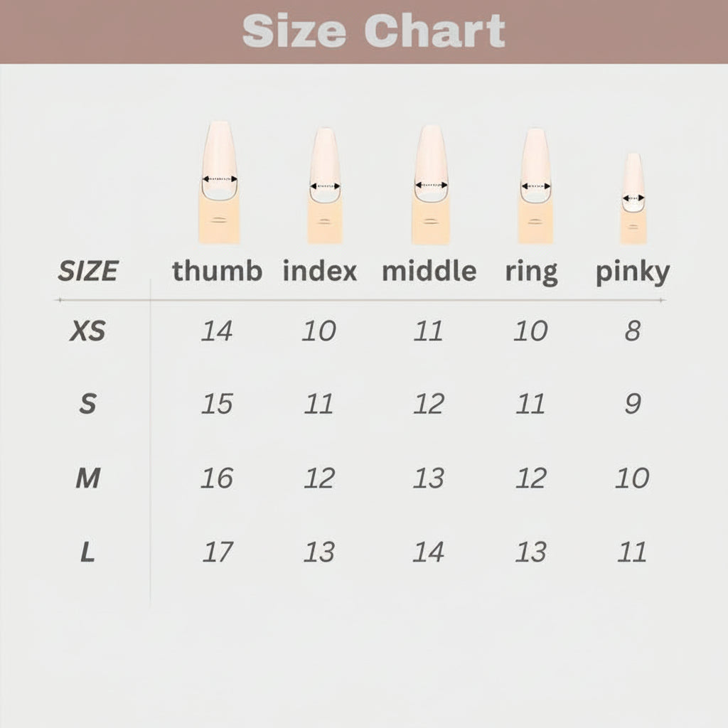 Size chart for nails with measurements in millimeters, branded 'D&A Nails'.