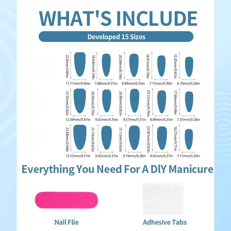 A product information graphic for a DIY manicure kit, showing included nail flie sizes ranging from small to large, with text reading 'WHAT'S INCLUDE', 'Developed 15 Sizes', and 'Everything You Need For A DIY Manicure'. A pink oval representing adhesive tabs appears at the bottom.