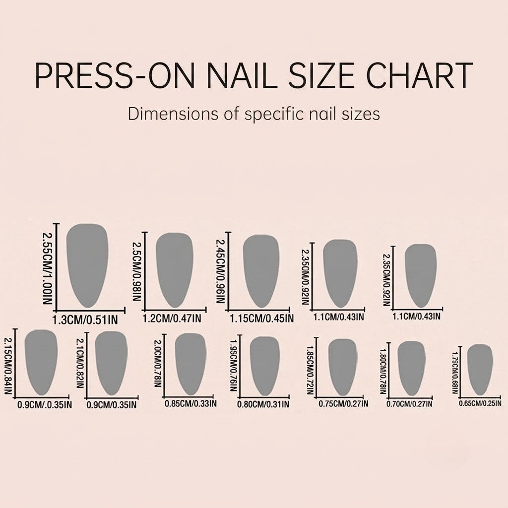 A clear JRNAIL product infographic titled 'PRESS-ON NAIL SIZE CHART' in English, showing 12 different almond nail silhouettes. Each piece includes precise width and length measurements labeled in both centimeters and inches, ranging from a 1.3cm thumb size down to a 0.65cm pinky size on a soft pink gradient background.