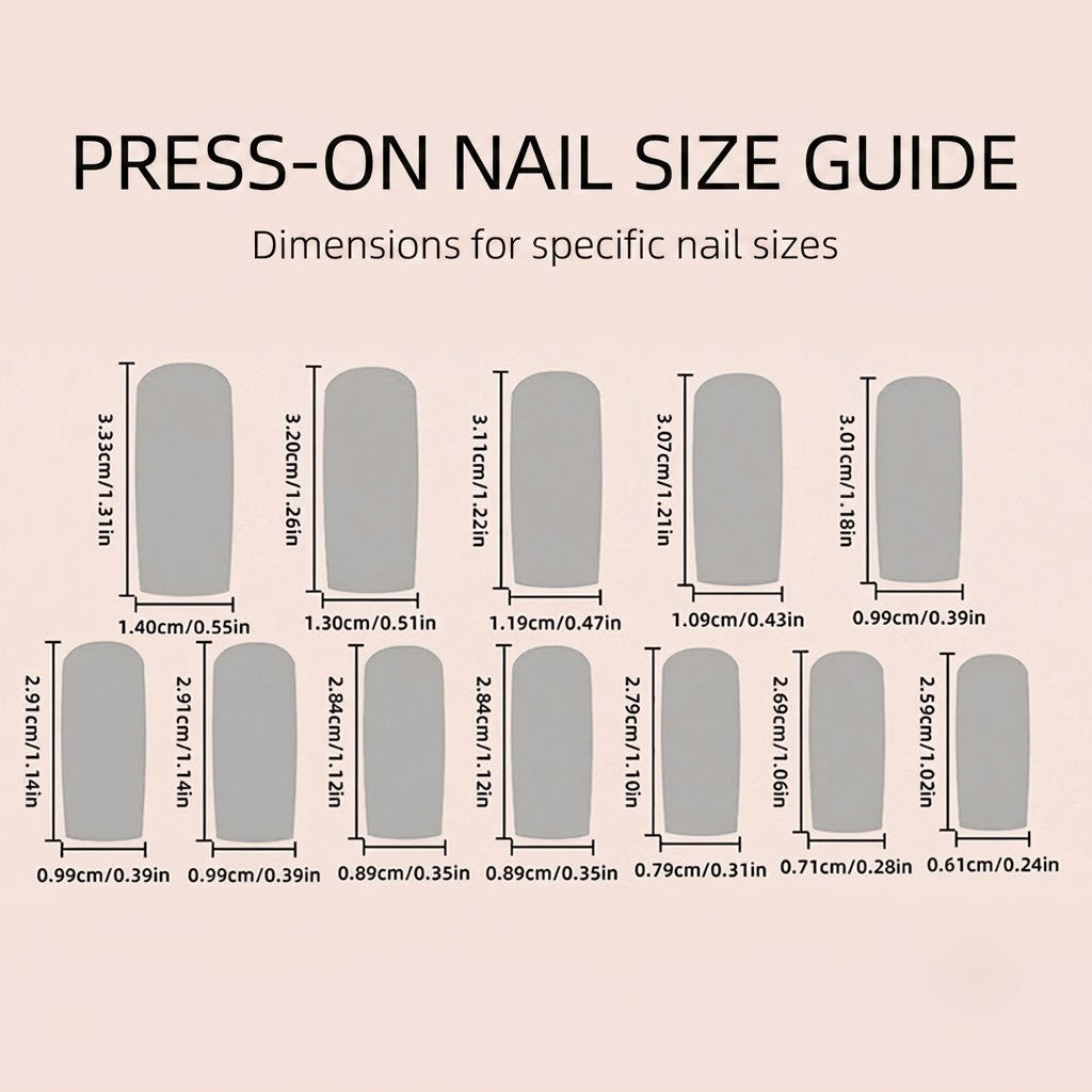 Press-on nail size guide showing dimensions for different nail shapes and sizes in centimeters and inches, with labeled nail silhouettes on a pale pink background.