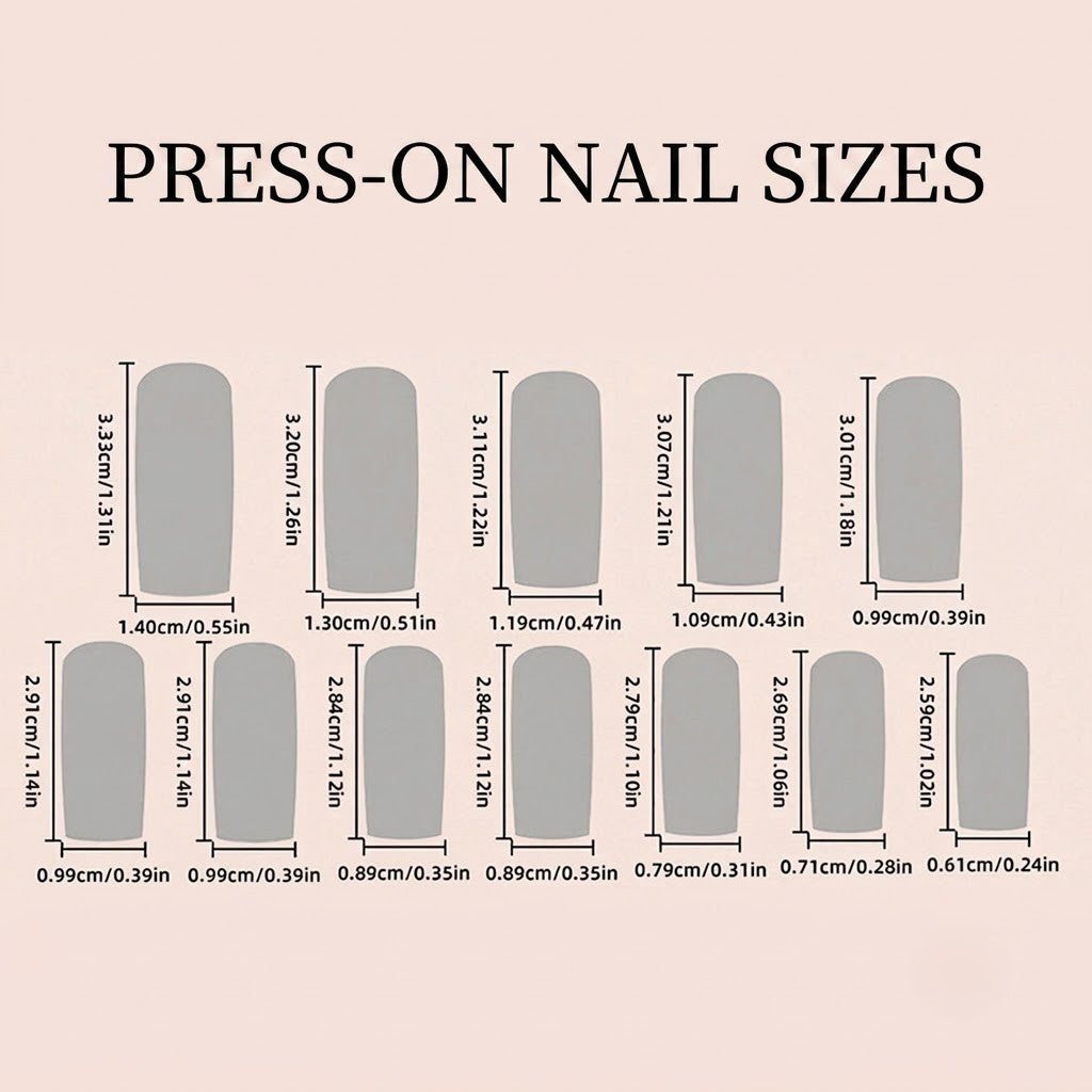 An infographic chart titled Press-On Nail Sizes showing millimeter and inch measurements for individual coffin-shaped fake nails on a light pink background.