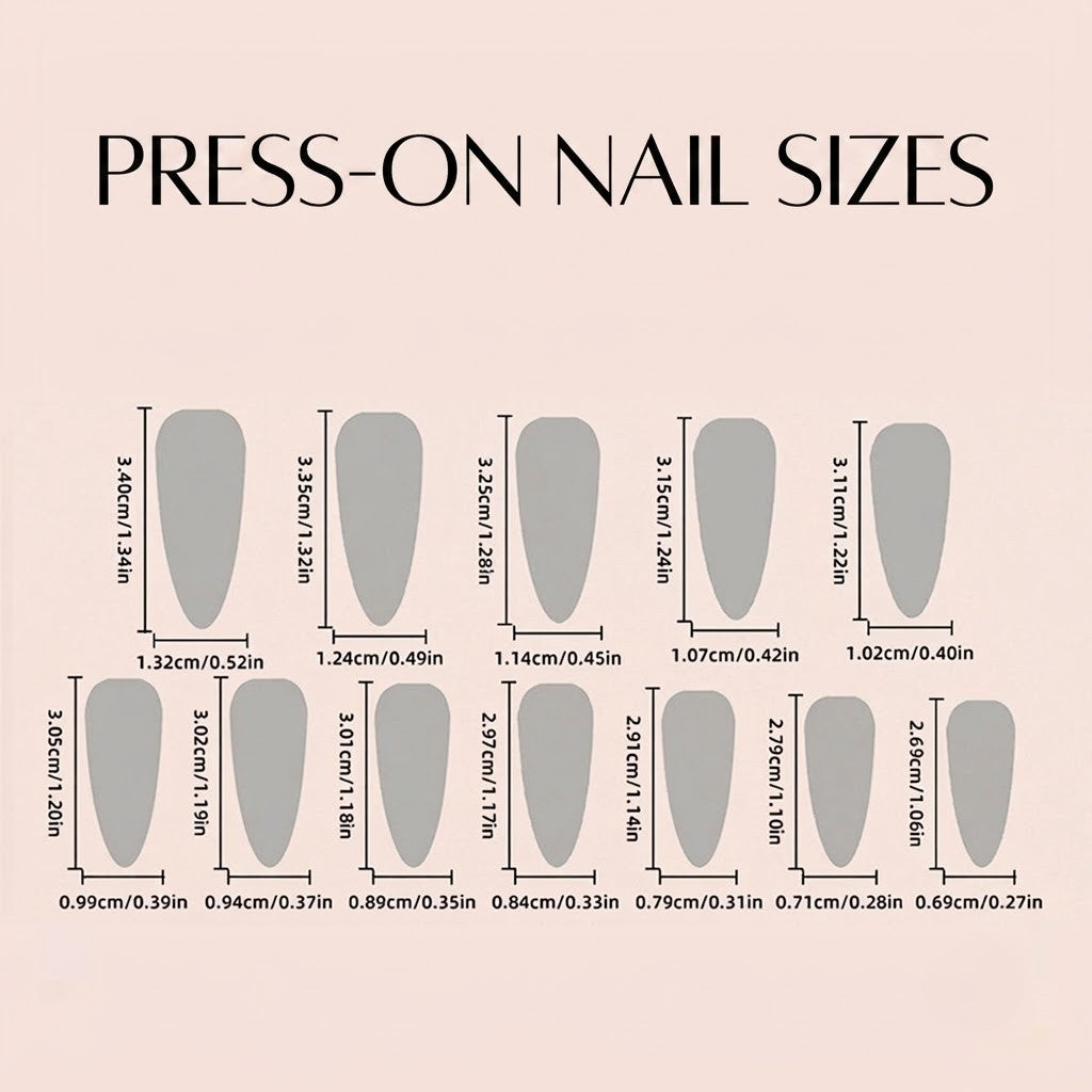 A detailed size chart titled Press-On Nail Sizes showing width and length measurements in centimeters and inches for individual stiletto-shaped fake nails.