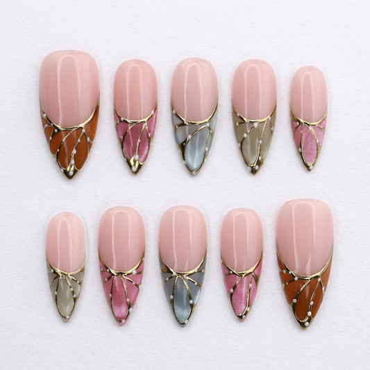 Multicolor stiletto fake nails with intricate hand-painted butterfly wing patterns in orange, pink, grey, and green.
