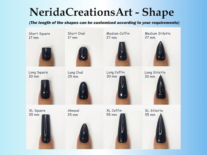 Nail art design chart showing various shapes and lengths with black nail polish on a light blue background.