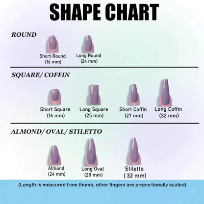 Nail shape chart with various nail shapes and measurements on a light blue background