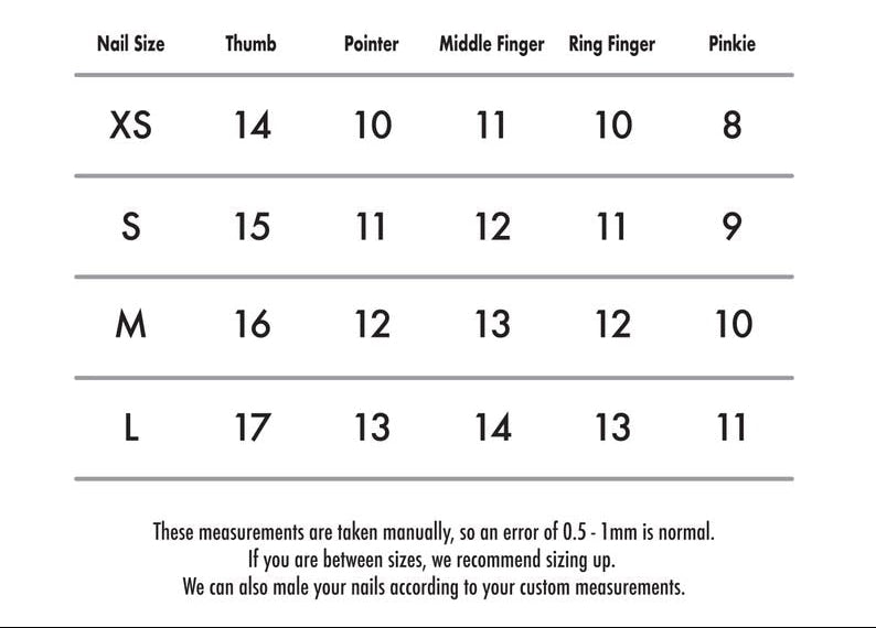 Nail size chart for different finger sizes with 'JL Nail Art' branding.