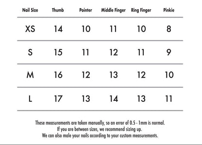 Nail size chart for different finger sizes with 'JL Nail Art' branding.