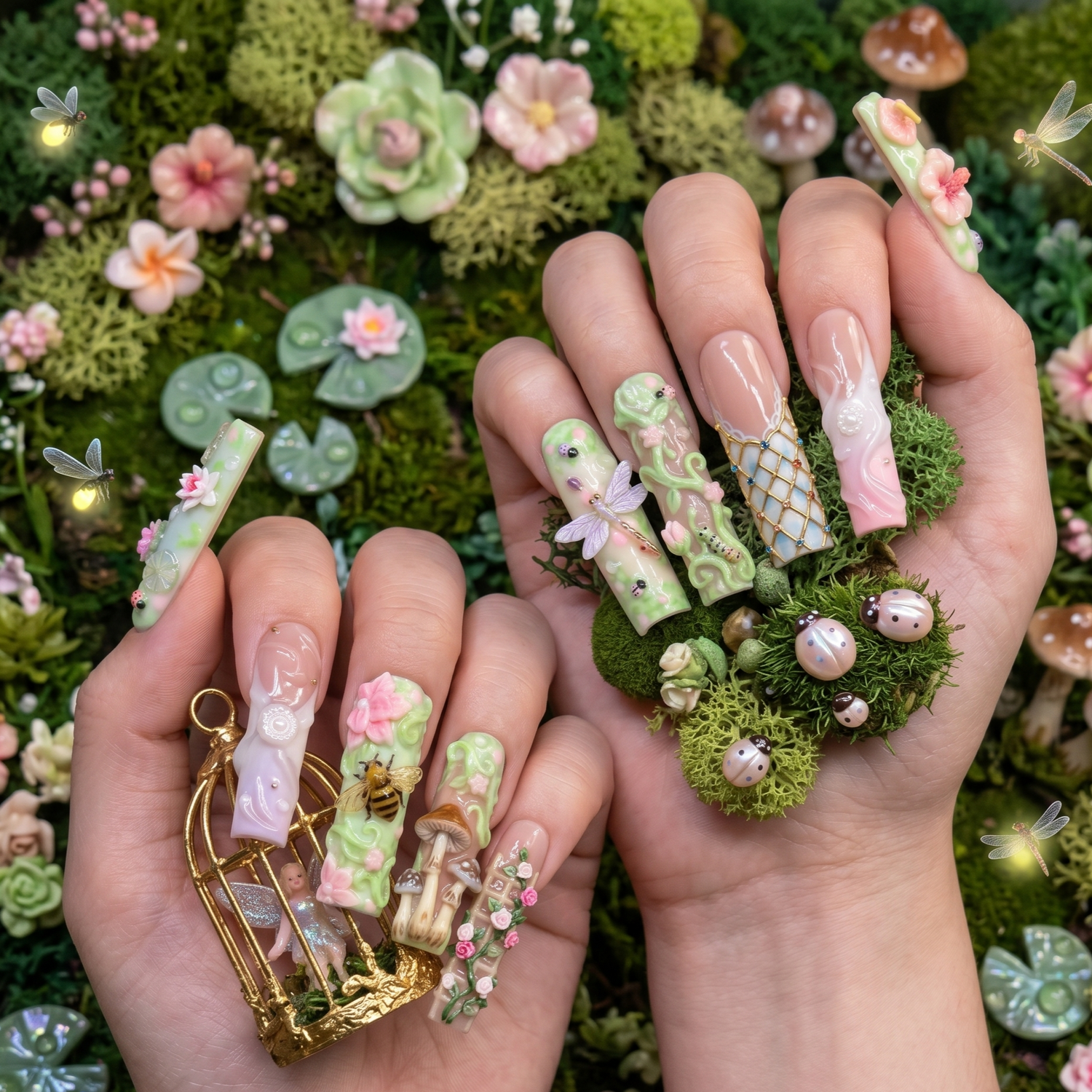 A pair of hands showcasing 3D press-on nails decorated with hand-sculpted flowers, mushrooms, bees, and dragonflies, set against a mossy forest-themed background.