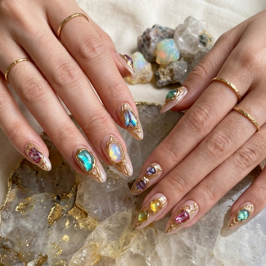 Handmade 3D gemstone gel press-on nails with iridescent crystals and gold details.