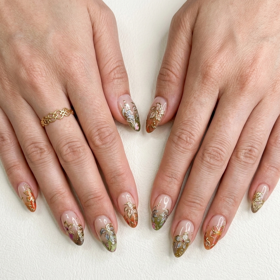 Handmade 3D gold-embossed botanical press-on nails in a luxurious stiletto shape by JRNAIL.