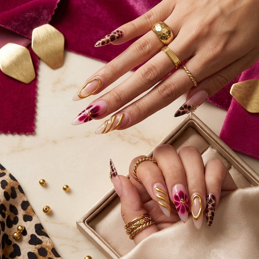 JRNAIL high-fashion stiletto fake nails showcasing a high-gloss salon gel finish with fierce leopard accents and glamorous 3D gold swirls, perfect for an editorial DIY home manicure.