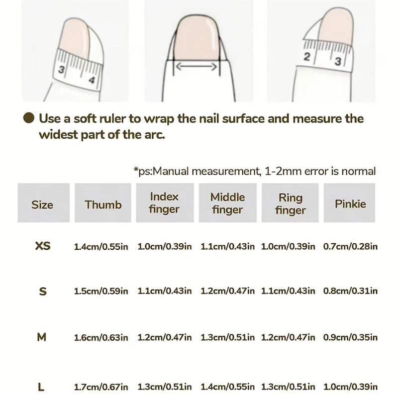 Measurement guide for nail sizes using a soft ruler on a white background