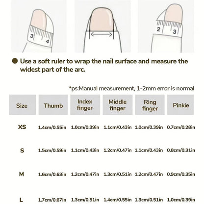 Measurement guide for nail sizes using a soft ruler on a white background