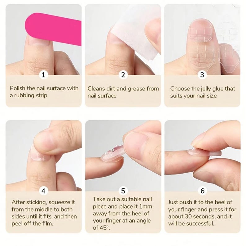 Step-by-step guide on applying nail glue with close-up images of hands.