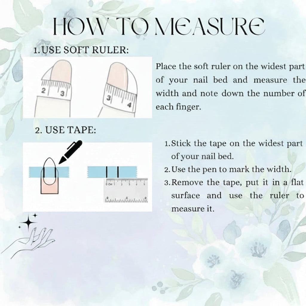 Instructions on how to measure nail width with a soft ruler and tape, featuring Jade's nail bar branding.