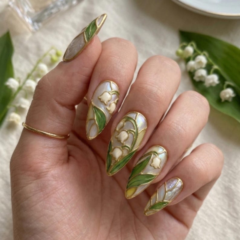 Luxury Lily of the Valley Press-On Nails with 3D Stained Glass Detail
