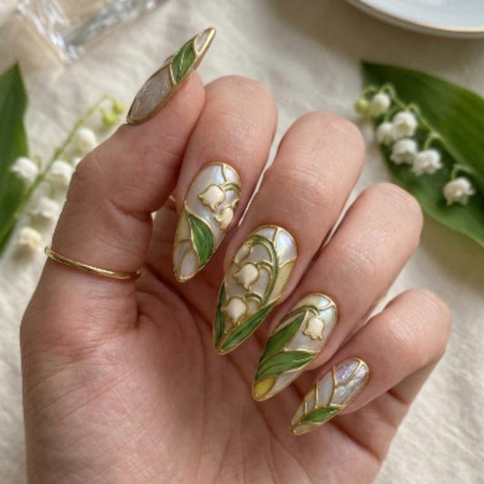 Luxury Lily of the Valley Press-On Nails with 3D Stained Glass Detail