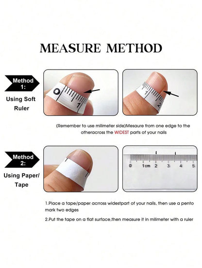 Instructions on measuring nail width using a soft ruler and paper tape.