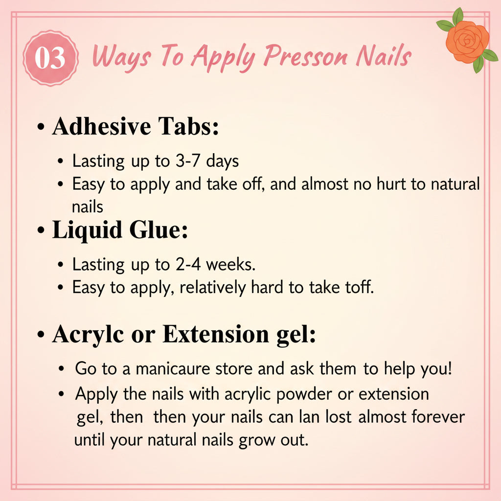 Infographic on ways to apply press-on nails with a pink gradient background.