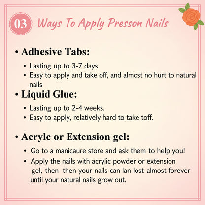 Infographic on ways to apply press-on nails with a pink gradient background.