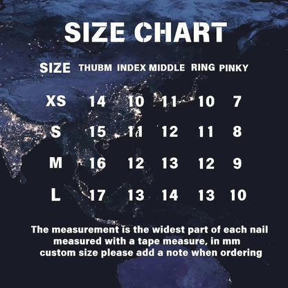 Size chart for nail sizes with a dark abstract background