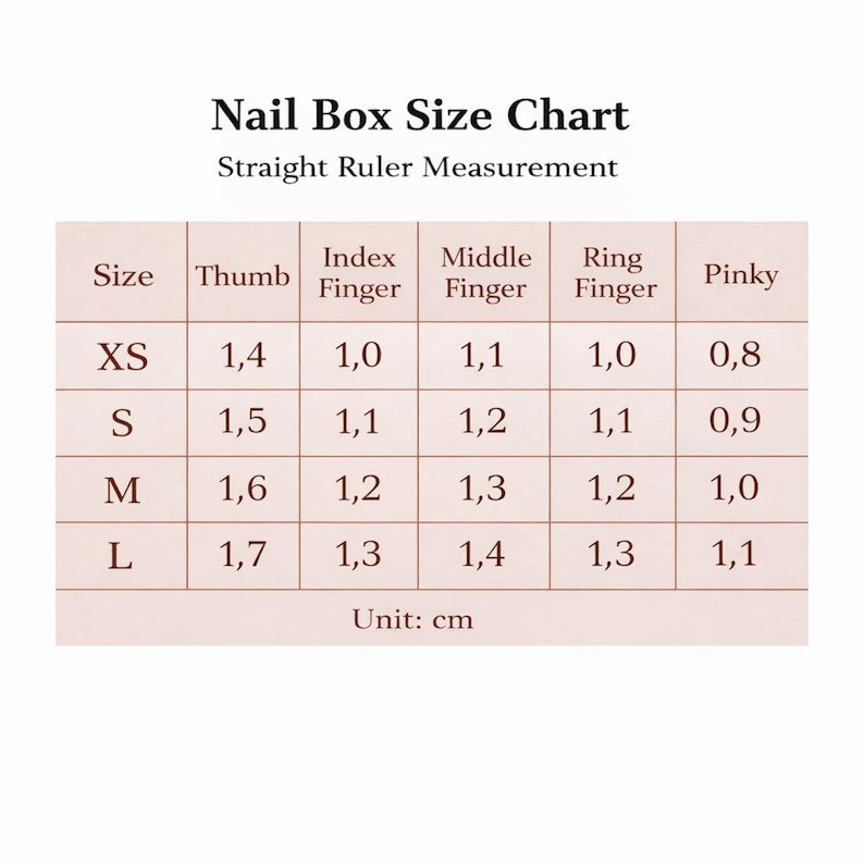 Nail box size chart with straight ruler measurements for different finger sizes.
