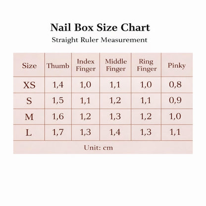Nail box size chart with straight ruler measurements for different finger sizes.