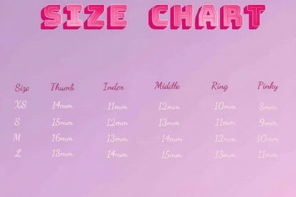 Size chart for jewelry on a pink background
