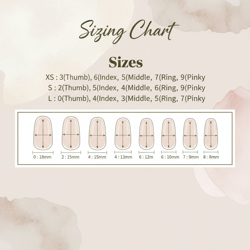 Sizing chart for nail sizes with corresponding finger names on a beige background