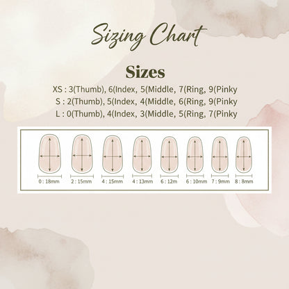 Sizing chart for nail sizes with corresponding finger names on a beige background
