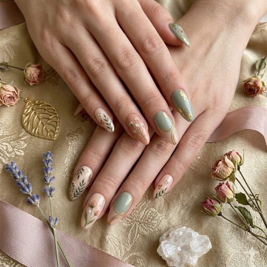A luxury set of handmade press-on nails featuring elegant sage green tones, delicate hand-painted floral art, and shimmering genuine gold foil accents on a soft nude base.