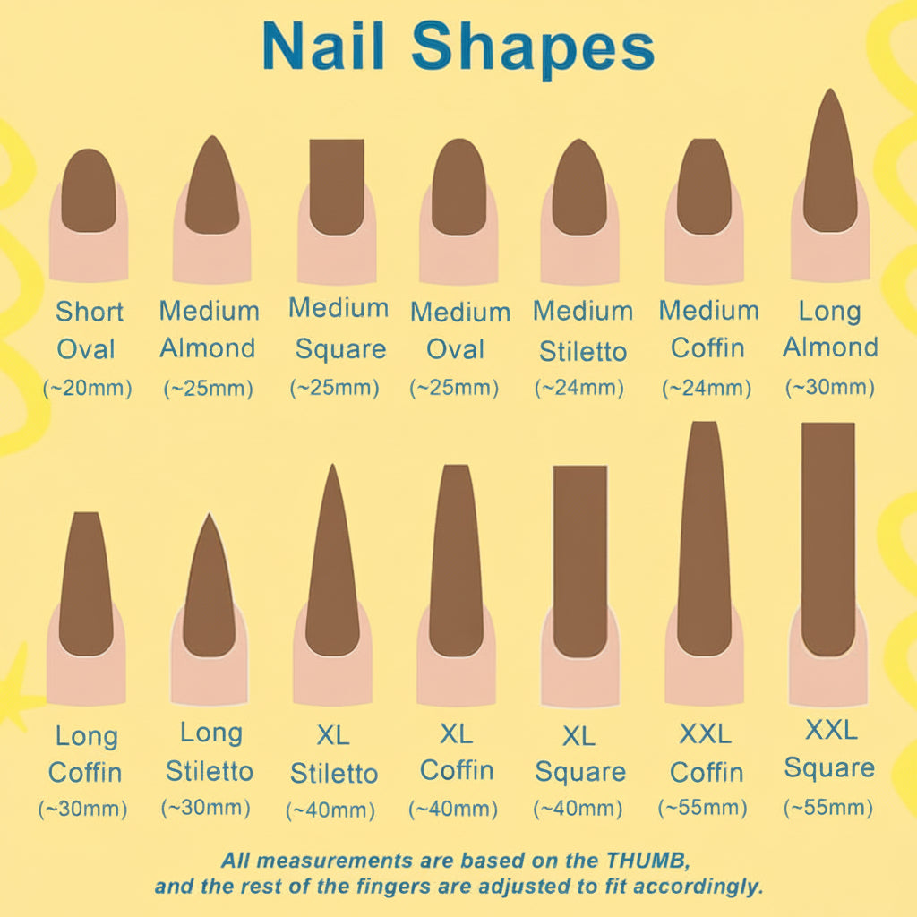 Chart showing various nail shapes with measurements on a yellow background