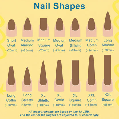 Chart showing various nail shapes with measurements on a yellow background