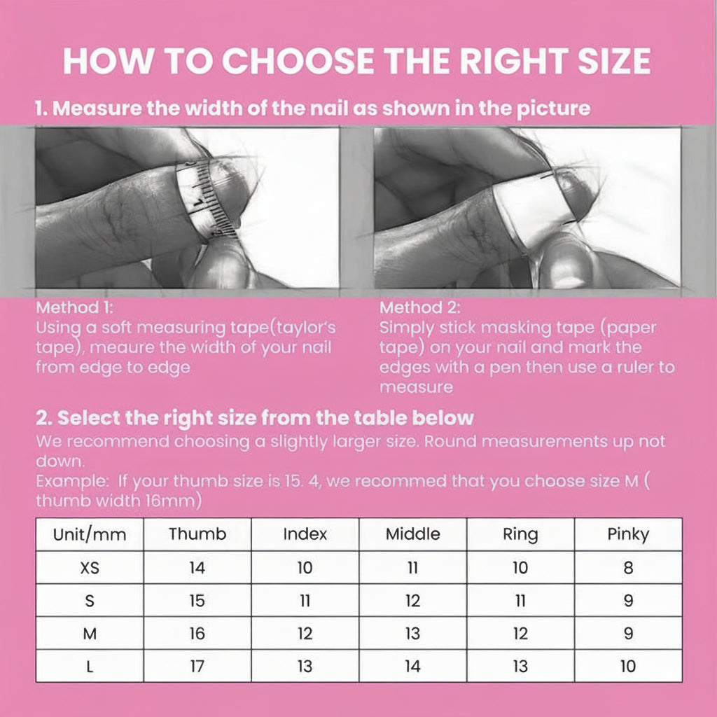 Instructions on how to choose the right size nail product with measurements and a table.