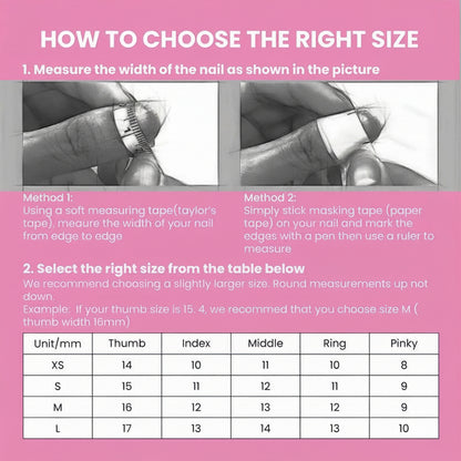 Instructions on how to choose the right size nail product with measurements and a table.