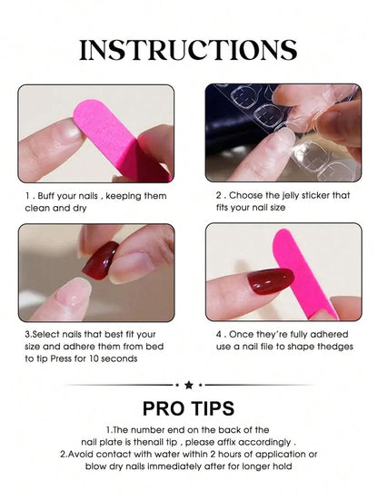 Instructions for applying nail extensions with images and text on a white background