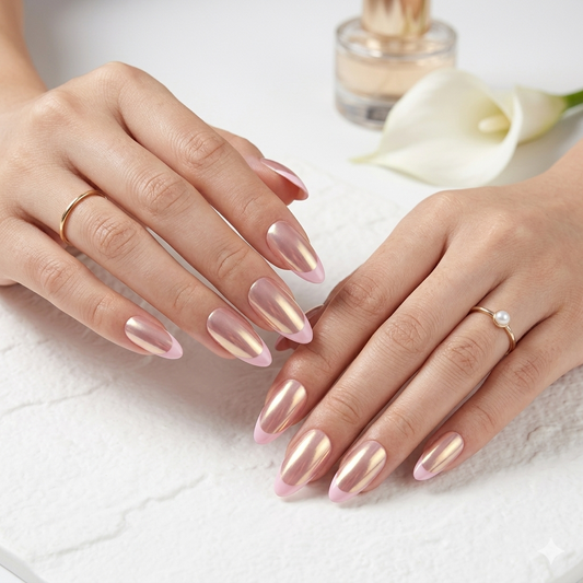 A set of luxury handmade press-on nails featuring a stunning mirror-chrome finish with elegant pastel pink French tips on a high-quality gel base.
