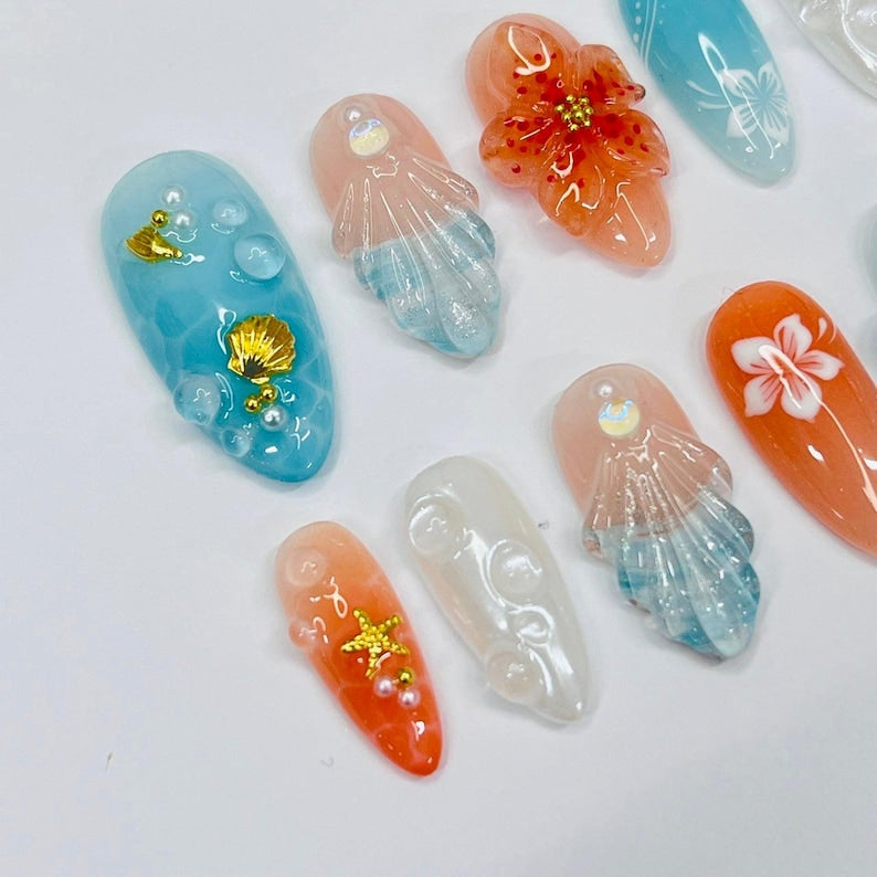 Reusable medium almond press on nails with coastal 3D art, seashells, and hibiscus for summer