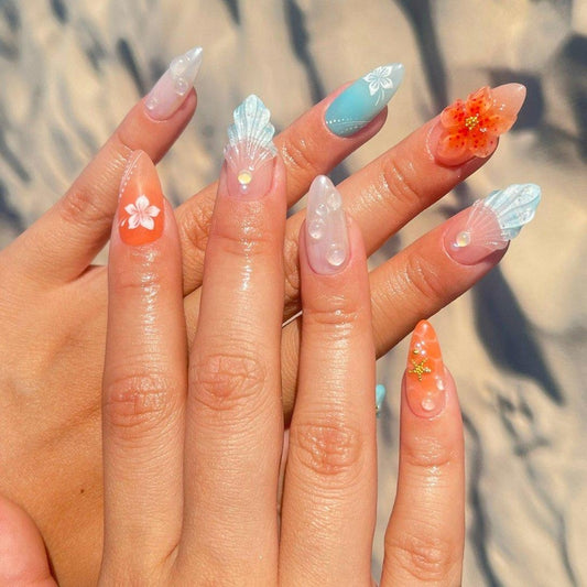 Coastal bloom 3D ocean floral press on nails with seashells, jellyfish, and hibiscus flowers in blue coral peach