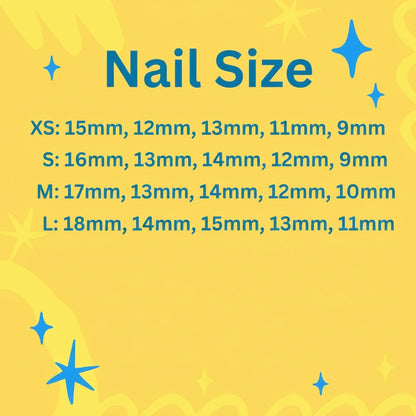 Nail size chart with measurements on a yellow background
