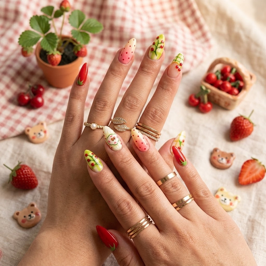 A close-up view of two hands modeling almond-shaped press-on nails featuring a vibrant red strawberry theme, green plaid patterns, and gold rings against a cozy cottagecore background with fresh strawberries.