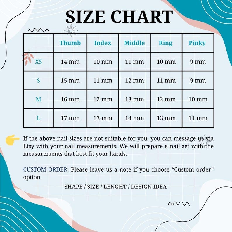 Size chart for nail sizes on a light blue background with text.
