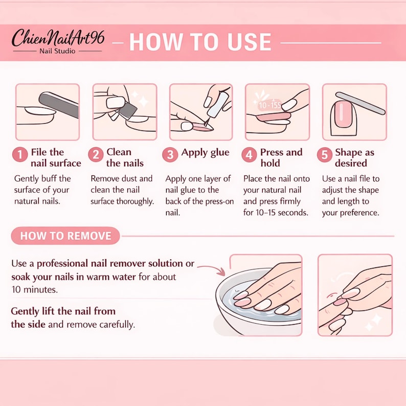 Step-by-step guide on how to use press-on nails with illustrations and text.